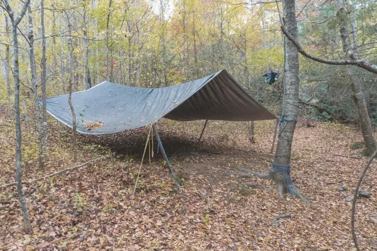 bushcraft survival shelter in the woods using a tarp