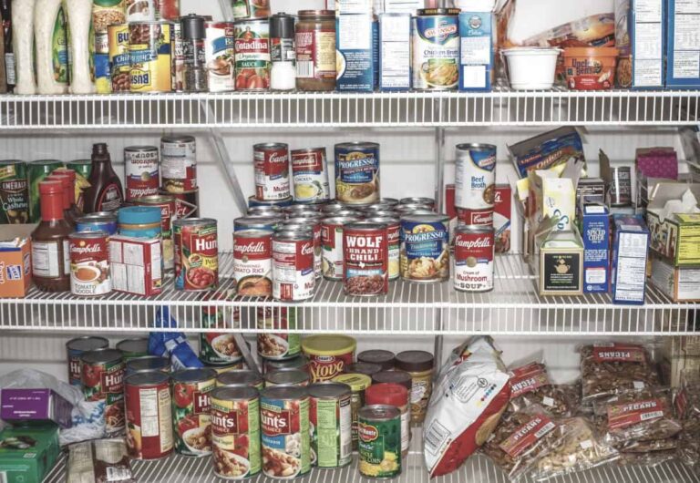 canned food stored on pantry shelving emergency store