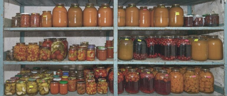 food stored in mason jars stored on shelving