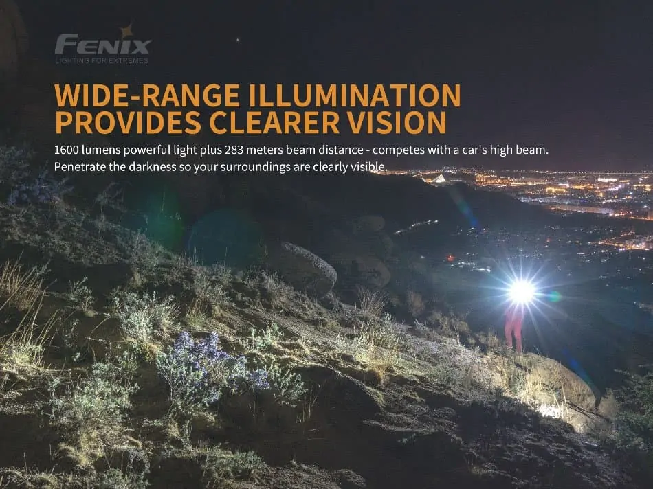 fenix pd36r flashlight poster giving information on illumination and clear vision