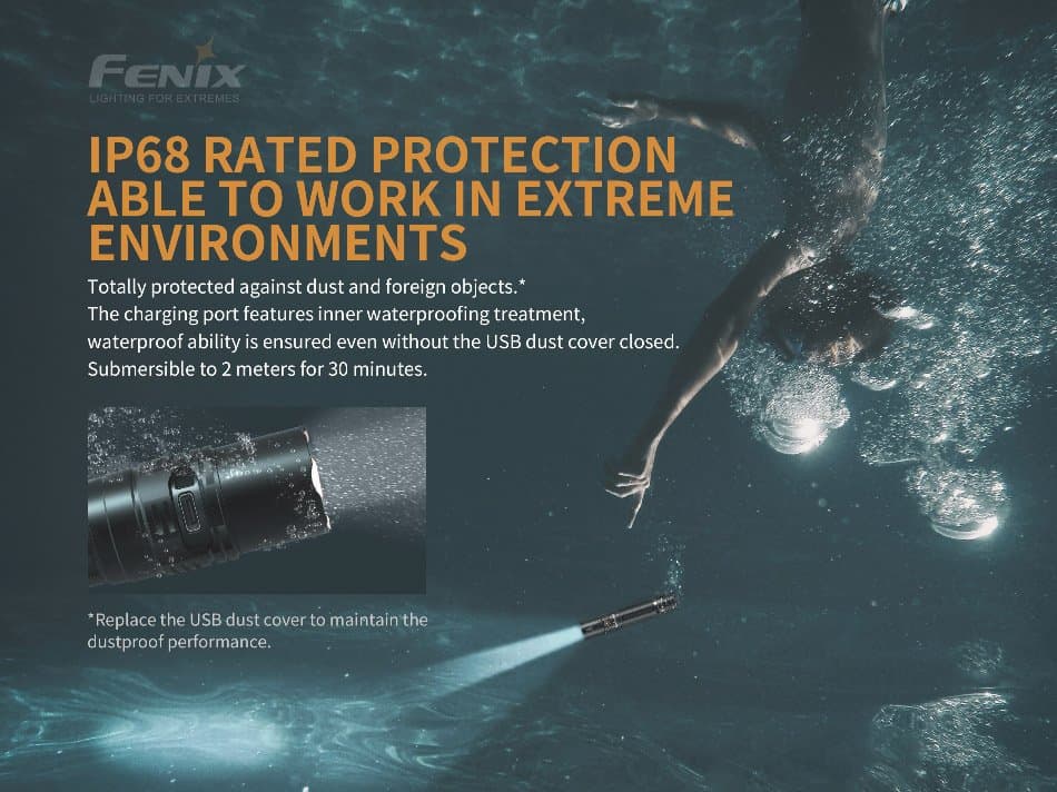 fenix flashlight poster giving information on ip68 waterproof rating