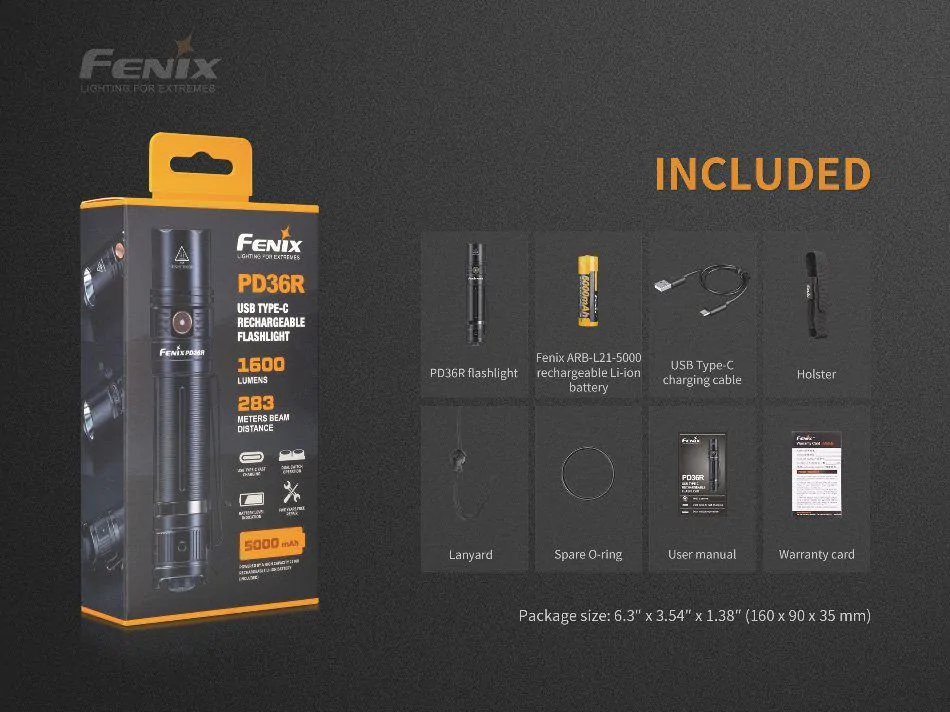 fenix rechargeable flashlight pd36r contents of package poster