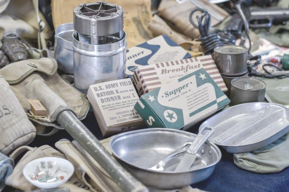 vintage mre rations, mess kit and tools