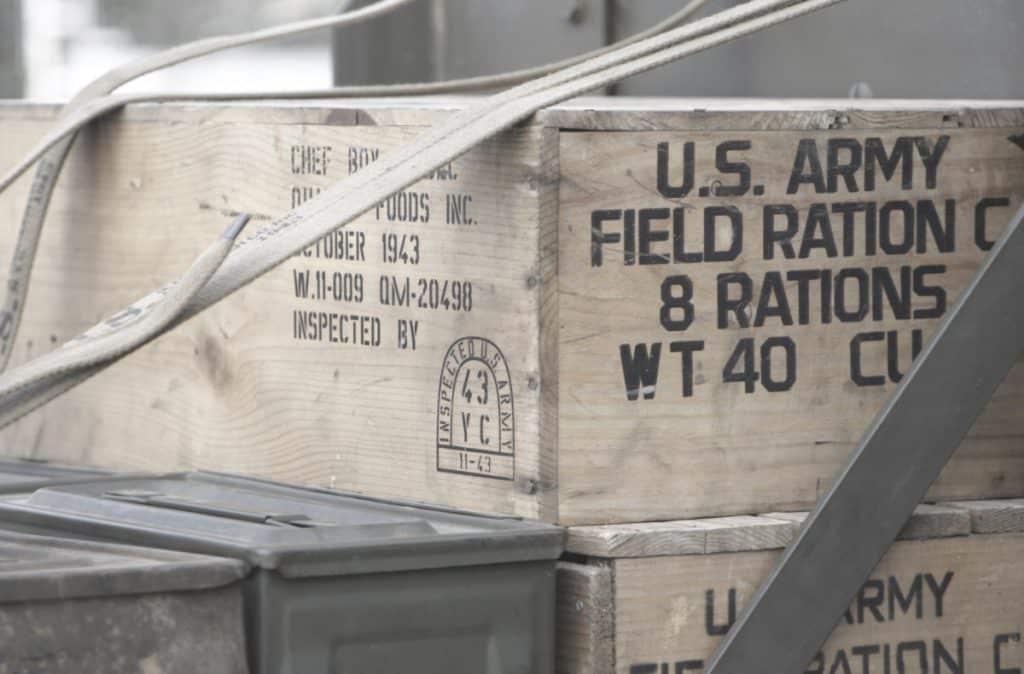 us army field rations crate with military meals ready to eat inside