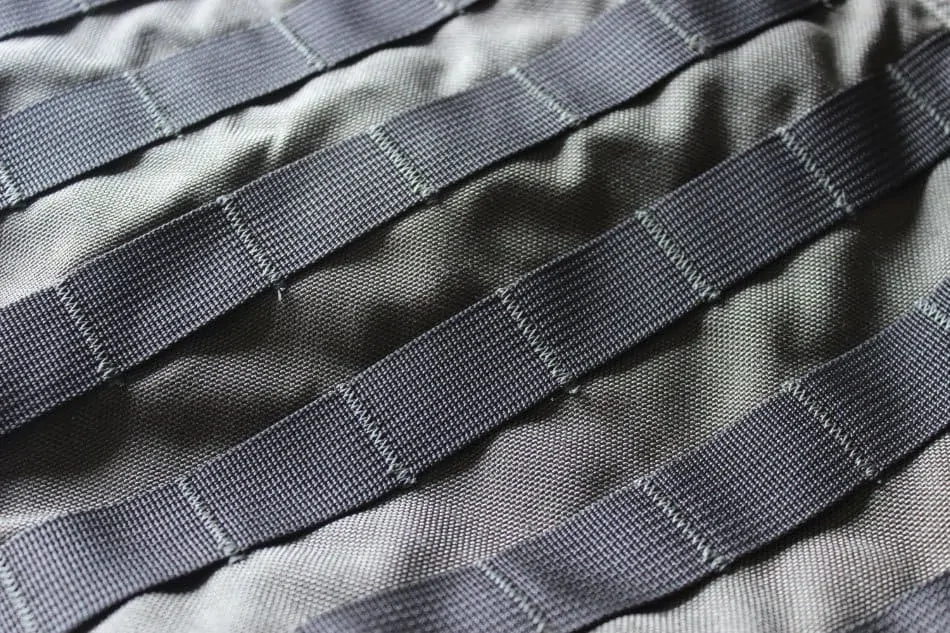 close up detail of molle straps on tactical backpack