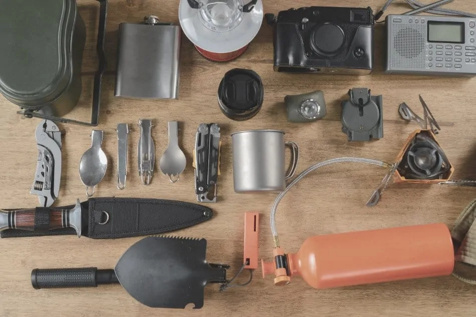 travel and survival kit items shown from above