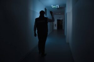 security guards standing in a hallway at night with a flashlight in his hand