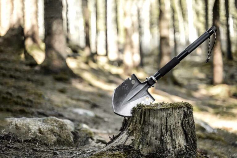 serrated edge of survival shovel wedged into tree stump in the woods