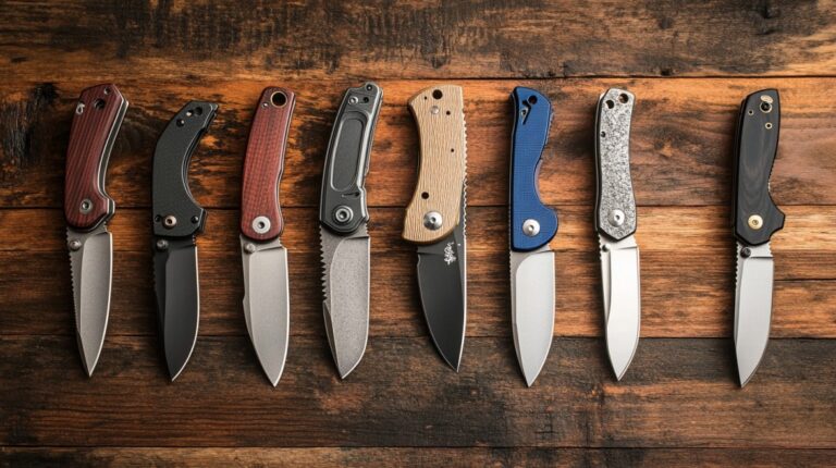 Row of custom folding knives with various handle materials and blade finishes on wooden background