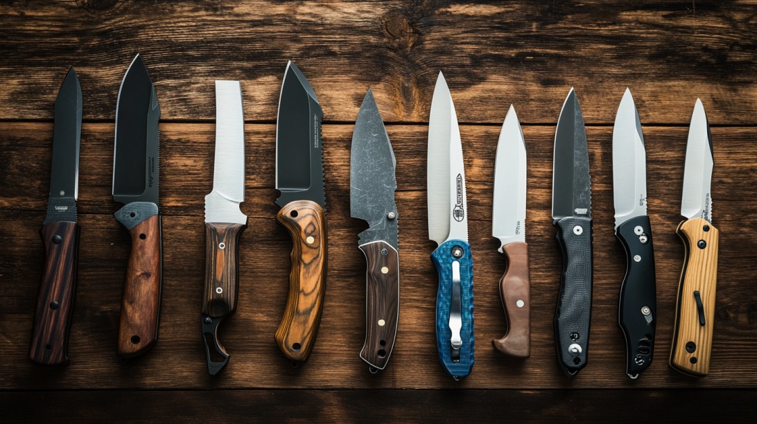 A lineup of custom knives with various blade styles and handle materials on a wooden surface