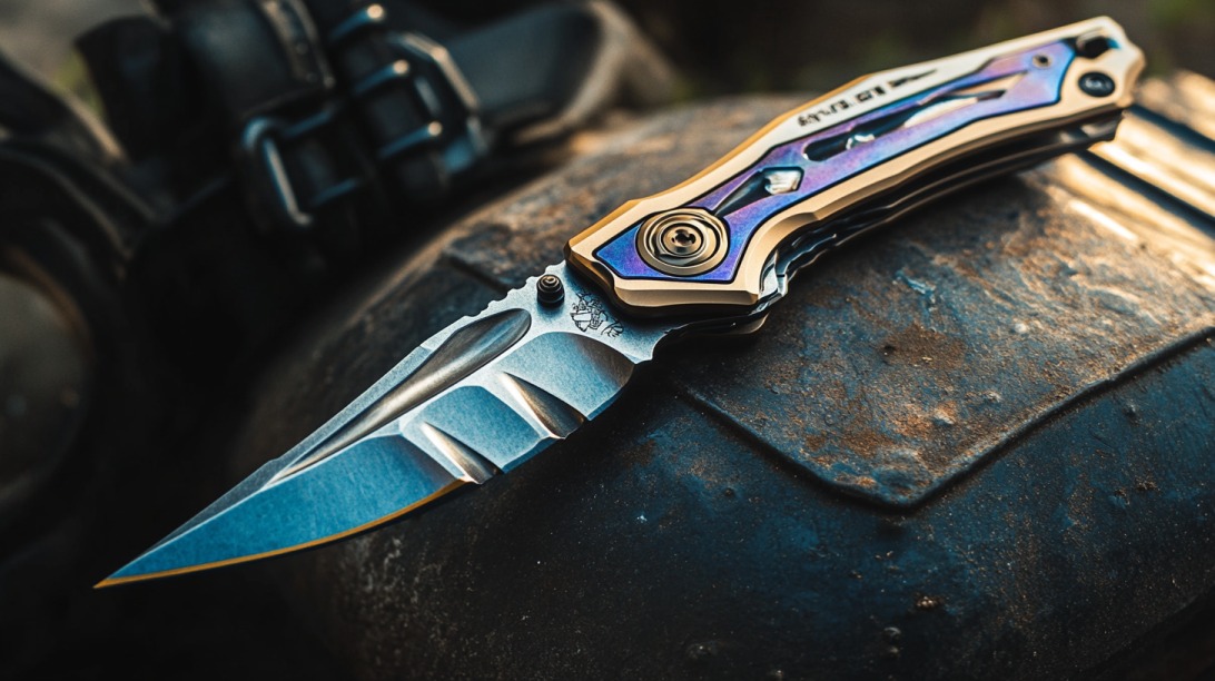 Close-up of an ornate custom folding knife with a detailed blade and colorful handle on a metal surface