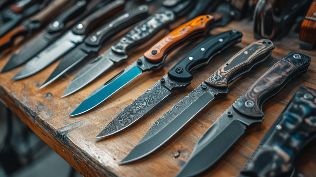A row of custom folding knives with various handle materials and blade designs on a wooden table